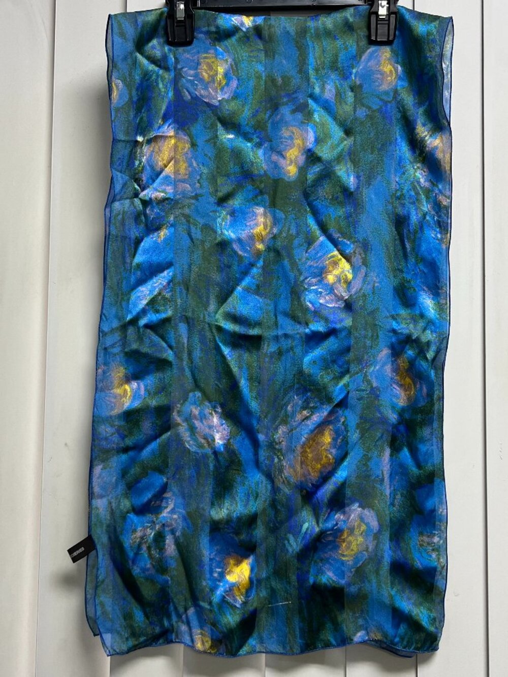 BROCHIER Soieries Silk Scarf Blue Floral Monet Print France Sheer Long Wrap